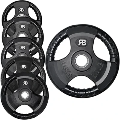 Image of Olympic Weight Plate Tri Grip Disc Rubber Coated Cast Iron Weights Set Solid Lifting Plates 3 Handles Portable Vinyl for Deadlift Barbell Dumbbell Bars Strength Training Home Gym Fitness Workout