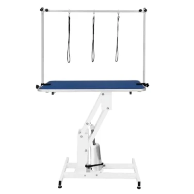 Image of Hydraulic Pet Dog Grooming Table Lift Height Adjustable H Bar 180kg Weight Capacity Large 106cm x 61cm Blue Rubber Top Professional Heavy Duty Steel White Frame 4 Adaptable Stable Feet 3 Loop Leashes