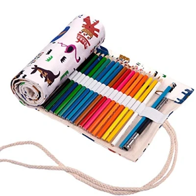 Image of Amoyie Hand Roll Up Bag for 36 Coloring Pencil, Canvas pencil Organiser Artist Pen Carrier Bag, Wrap Kids, Easy Use (no included), Zoo