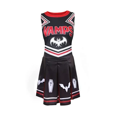 Image of Ladies Halloween Vampire Cheerleader Large Black and Red Dress with Coffin Bat Designs Womens Fancy Costume