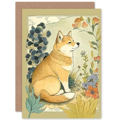 Image of Artery8 Shiba Inu Dog in Flower Field Modern Pastel Watercolour Illustration Art Birthday Sealed Greeting Card Plus Envelope Blank inside