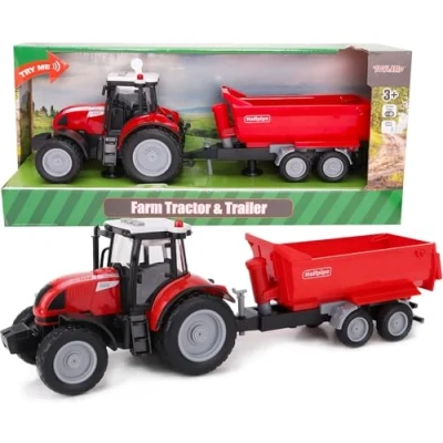 Image of Toyland® 37cm Red Tractor &amp; Trailer With Lights Sound Kids Farm Toys (Tractor Trailer)