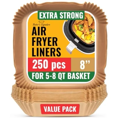 Image of Baker&#039;s Signature Disposable Air Fryer Liners 240 Pcs Greaseproof Paper Liner 20 cm (8 in) Square Sheets for 5.5 9 L Baskets, Oven, Pans Kitchen Accessories, Easy Cleanup