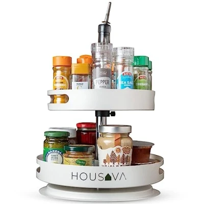 Image of Housava Adjustable White Metal Lazy Susan Kitchen Storage &amp; Organisation Cupboard Rack Turntable Organiser Spices Organizers and 2 Tier