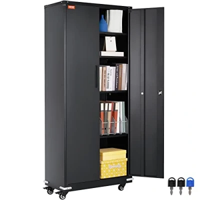 Image of VEVOR Metal Storage Cabinet with Wheels, 75 in Locking 4 Adjustable Shelves &amp; 2 Magnetic Doors, 200 lbs Capacity per Shelf, 3 Keys for Office, Garage, Home, Black