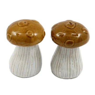 Image of Novelty Glazed Ceramic Wooland Toadstool/Mushroom Cruet Set Salt and Pepper Pots/Shakers Brown/White 8 cm