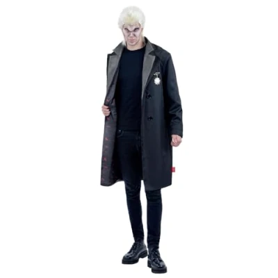 Image of Smiffys The Lost Boys David Costume, Adults Coat with Inserted Collar &amp; Wigs Official License Outfit Badge Detail Bats Printed Inside, Perfect for Halloween Themed Parties