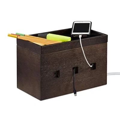 Image of Relaxdays Bamboo Cable Box, Hide Lead Extensions &amp; Cables, Desk Organiser, 16.5x25.5x14cm, Dark Brown