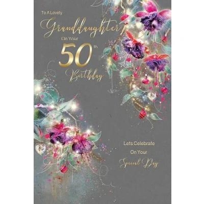 Image of Cherry Orchard Luxury Granddaughter 50th Birthday Card, from the Gorgeous Grace range, Beautiful Floral design with Gold foil detailing, comes complete envelope.