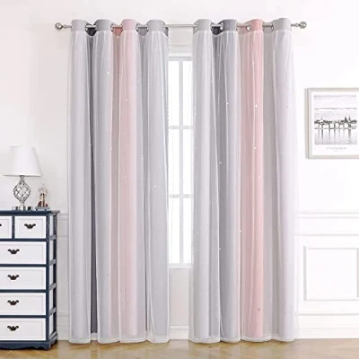 Image of Blackout Curtains for Living Room Curtain Nursery Girls Kids Bedroom Eyelet,Soundproof Thermal Winter,Voile Net Windows,2 Panel 52 x 63 inch Drop Pink Grey