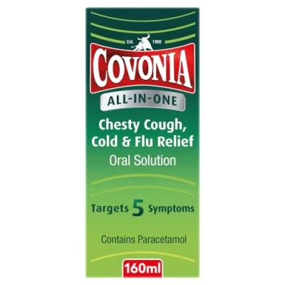 Image of Covonia All in One Chesty Cough 160ml, Targets 5 Symptoms, Cold &amp; Flu Relief Oral Solution