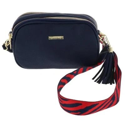 Image of Equilibrium Cross Body Shoulder Bag with Two Zips and Fun Animal Print Strap Design Tassel Black, Cream or Navy Gold Hardware (Navy)
