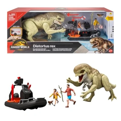 Image of Mattel Jurassic World Rebirth Storypack, Vehicle with Dinosaur &amp; Human Figures, Movie Raft Distortus Rex Delgado, Isabella Aquilops, Island Escape, JGB55