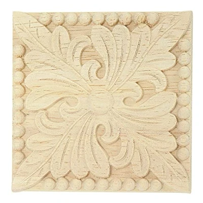 Image of Lodokdre Natural Wood Appliques Flower Carving Decorative Wooden Mouldings for Cabinet Door Furniture Decor Craft 10x10cm