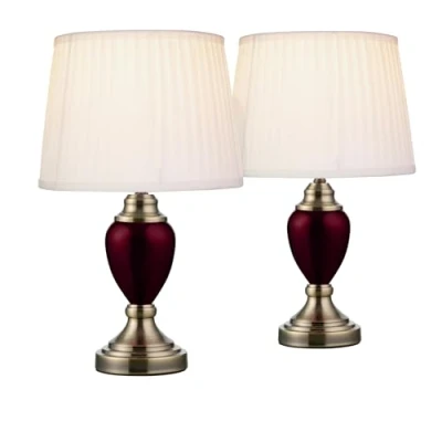 Image of Lighting Supermarket Pair of Malham Small Touch Control Table Lamps with Ivory Pleated Shades Red &amp; Antique Brass