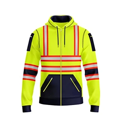 Image of mymixtrendz Mens Hi Vis Hoodie Safety Work Zipper Sweatshirt High Viz Reflective Contrast Tape Multi Pockets Yellow Orange Visibility Top