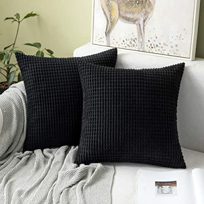 Image of MIULEE Set of 2 Decorative Corduroy Cushion Covers 16x16 Inches, 40cm x Striped Solid Square Throw Pillow Cases for Sofa Couch Home Bedroom Black