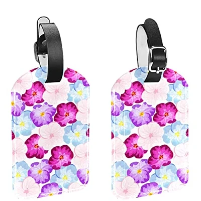 Image of Hand Drawn Floral Pattern Luggage Tags with Name ID Identifier Labels for Suitcase Travel Bag Leather Privacy Cover Baggage Tag 2 Pieces