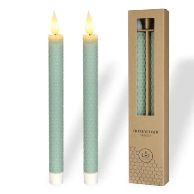 Image of comforder Real Wax LED Candles with Flickering Flame (Set of 2), Electric Taper Timer Function, Battery Operated, Honeycomb Look (Eucalyptus Green)