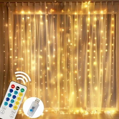 Image of Funpeny Window Curtain String Lights, 300 LED 8 Lighting Modes Fairy Lights USB Powered, Waterproof for Christmas Bedroom Party Wedding Home Garden Wall Decorations, Warm White