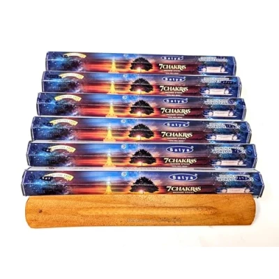 Image of Satya 7 Chakras Incense Sticks Hexa Box (120 Sticks) with JRose Wooden Stick Holder Aromatherapy &amp; Meditation Long Lasting Fragrance