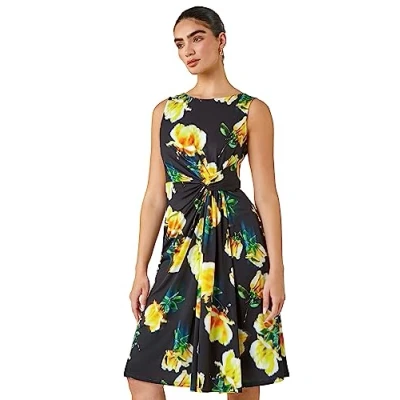 Image of Roman Originals Ruched Waist Dress for Women UK Ladies Twist Knot Waisted Wrap Stretch Jersey Knee Length Business Smart Work Office Formal Evening Petite Black Yellow Size 14