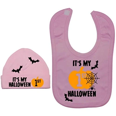 Image of Acce Products It&#039;s My First Halloween Web Baby Feeding Bib &amp; Beanie Hat 0 3 Months Pink