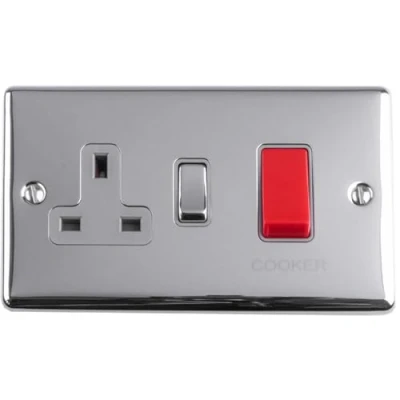 Image of 45A DP Oven Cooker Switch &amp; Single 13A Switched Power Socket CHROME GREY Trim Decorative Double Pole Appliance Wall Plate