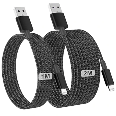 Image of 2Pack for iPhone Charger Cable, 1M+2M Lightning to USB Cable MFi Certified, Fast Charging Braided Lead 14/13/12/11/Pro Max/XS/XR/8/7/6/Plus/5 SE, iPad