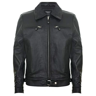 Image of Men&#039;s Smart Classic Collar Black 100% Leather Harrington Stylish Biker Fashion Jacket S