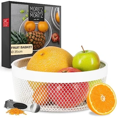 Image of Moritz &amp; Fruit Bowl in White Metal 25cm Wire Basket for Gifts, Fruits, Vegetables and Bread
