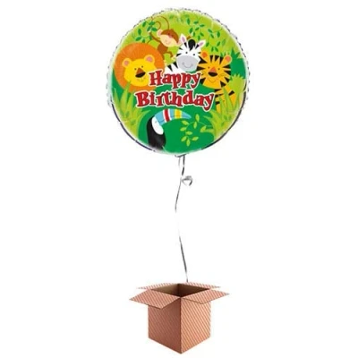 Image of PARTYRAMA.CO.UK Animal Jungle Happy Birthday Round Foil Balloon Inflated in a Box