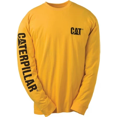 Image of CAT Men&#039;s Trademark Banner Long Sleeve Tee Shirts with Center Back Neck Wire Management Loop Logo T, Yellow, Large