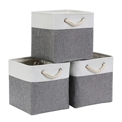 Image of Mangata Cube Storage Boxes 25x25x25cm, Fabric Basket for Cupboards, Shelves, Closet, Grey White（10 x 10 inch, 3 Pack）