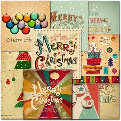 Image of doodlecards Pack of 10 Mixed Retro Premium Square Christmas Cards. Printed in UK, Quality &amp; 100% Recyclable.