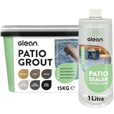 Image of GLEAN Patio Grout GREY 15kg + Sealer Natural Finish 1 Litre Jointing Compound Brush In For Paving Patios &amp; Block Water Based
