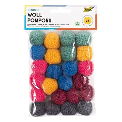 Image of folia 50241 Wool Pom Poms Party Pack of 24 Assorted in 6 Colours Approx 3cm Diameter Ideal for Colourful Crafts (Multi Colour)