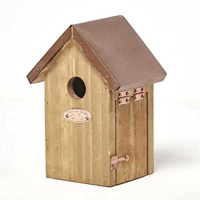 Image of HOMESCAPES Solid Wood Bird House Wren Nesting Box H 20 cm x W 14 Garden for Fence or Trees Crafted from Treated Pinewood Ready Assembled with Copper Roof