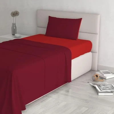 Image of Italian Bed Linen Natural Color Set (Flat 150x300, Fitted Sheet 90x200cm+Pillowcase 52x82cm), Petrol Bottle Green, 100% Cotton, red/Bordeaux, SINGLE