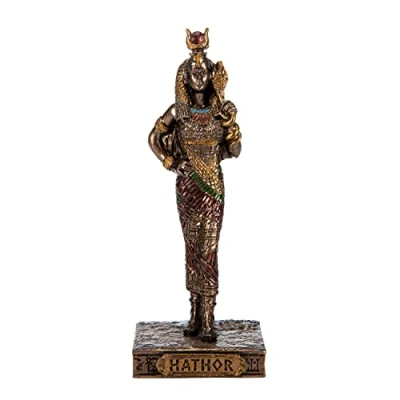 Image of BEAUTIFUL GREEK STATUES Hathor Egyptian Goddess Resin Figurines Hand Painted Bronze Miniature Statue 3.3 Inches