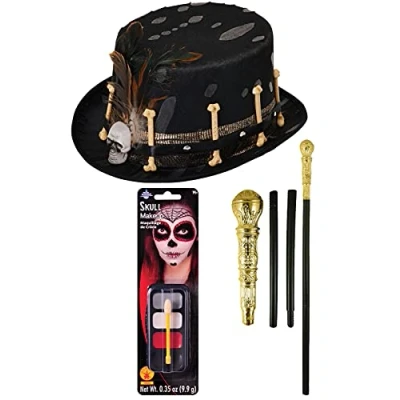 Image of labreeze Black Voodoo Style Bones Hat Gold Pimp Cane Skull Make Up Halloween Scary Party Fancy Dress