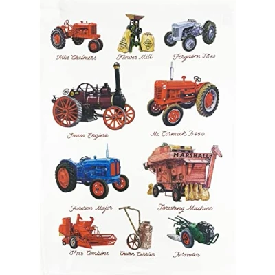 Image of Half a Donkey Hand Drawn Tractors Collection Large Cotton Tea Towel