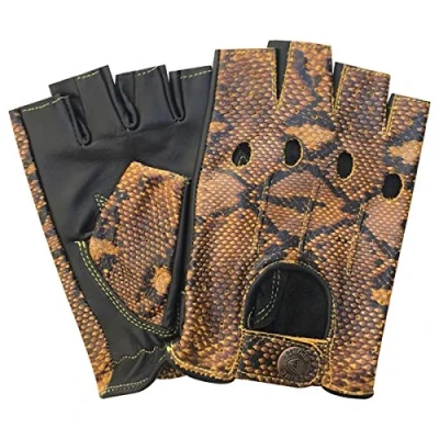Image of Fingerless Half Finger Premium Driving/Cycling/Motorcycle Gloves in Real Leather 309, snake black yellow