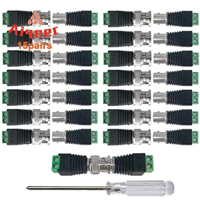 Image of Aiqeer 15 Pairs BNC Connector Adapter Set, Video Balun Connector, Male Plug and Female Socket Screw Terminal Block Adapter, for Coax Cat5 Cat6 to Surveillance Camera