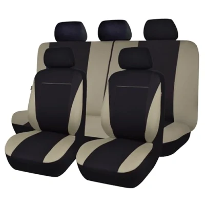 Image of Flying Banner Fabric Cloth Car Seat Covers Full Set Universal Fit with Airbag Compatible (Black and Beige)