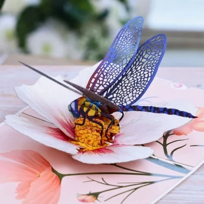 Image of UNIPOP Dragonfly &amp; Cosmos Flower Pop Up Card, Birthday Card for Women, Mother’s Day Anniversary Valentines