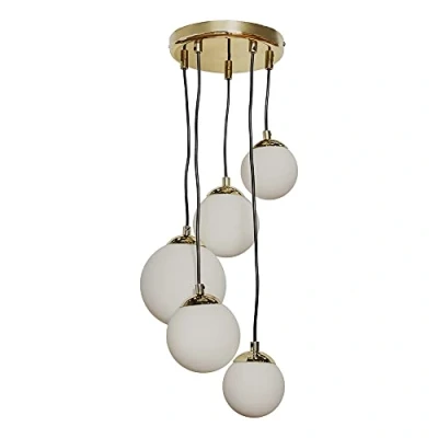 Image of MiniSun Modern 5 Way Hanging Polished Gold &amp; Opal Glass Globe Shade Ceiling Pendant Light Fitting