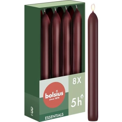 Image of Bolsius Tapered Dinner Candles Dark Red 8 Pack 17 cm Long Burning Time of 5 Hours Unscented Includes Natural Vegan Wax Without Palm Oil