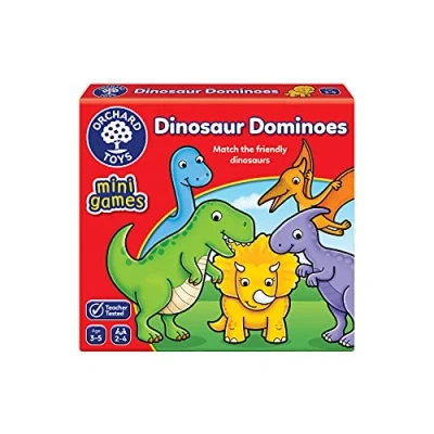 Image of Orchard Toys Dinosaur Dominoes Mini Game, Small and Compact, Travel A Fun Themed Domino Perfect For Children Age 3 5, Ideal Stocking Filler