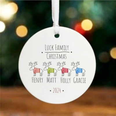 Image of Personalised Porcelain Family Names Christmas Bauble, Custom Reindeer Design, Ornament, Tree Decoration Gift